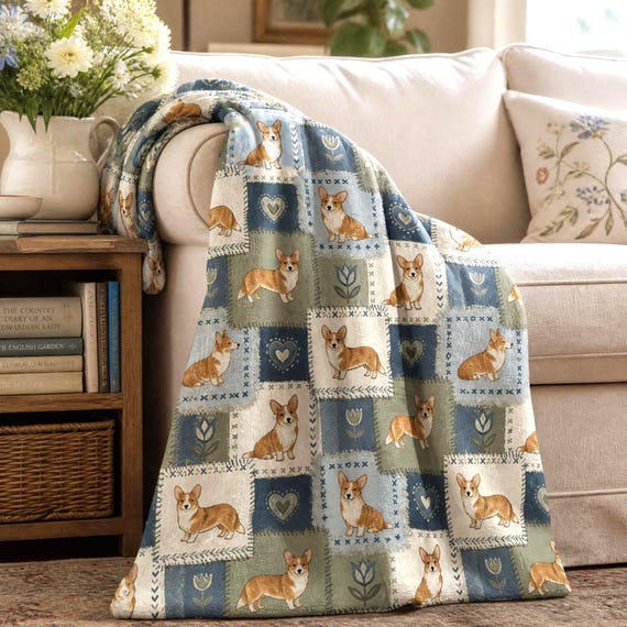 Corgi Blanket Soft Velveteen Throw Cozy Sofa Nursery Blanket Baby Shower Gift Woodland Animal Heart Pattern Patchwork Nature Design Warm