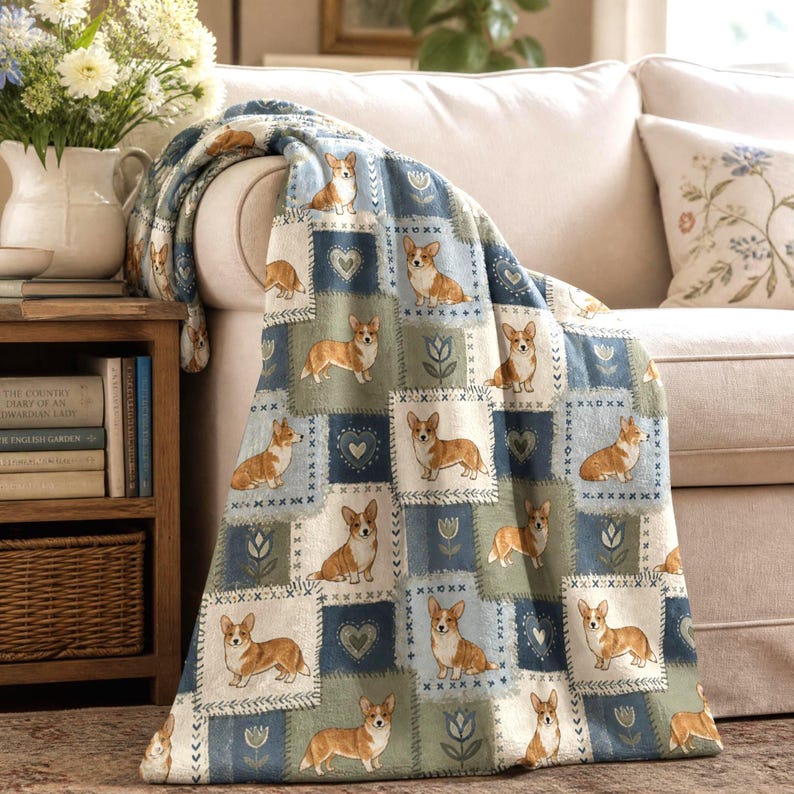 Corgi Patchwork Blanket Plush Velveteen Throw Soft Cozy Sofa Comfort Dog Lover Cottagecore Gift Pet Themed Home Nursery Baby Shower Present Woodland Animal Heart Pattern Flowers Plaid Design Warm Cuddle Blanket Medium Weight Fabric Cute Nature Theme
