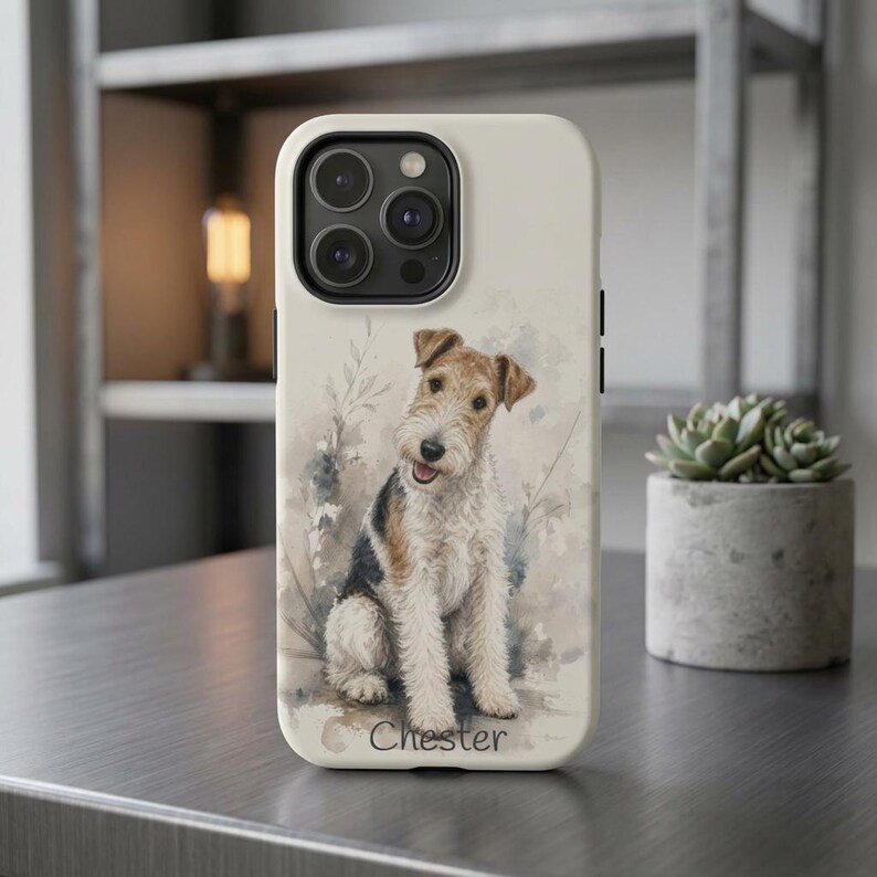 Personalized Wire Fox Terrier Case Custom Pet Portrait Phone Protection Magnetic MagSafe Compatible Accessory Impact Resistant Dual Layer Shell Premium Polycarbonate TPU Liner Construction Watercolor Dog Illustration Breed Enthusiast Gift