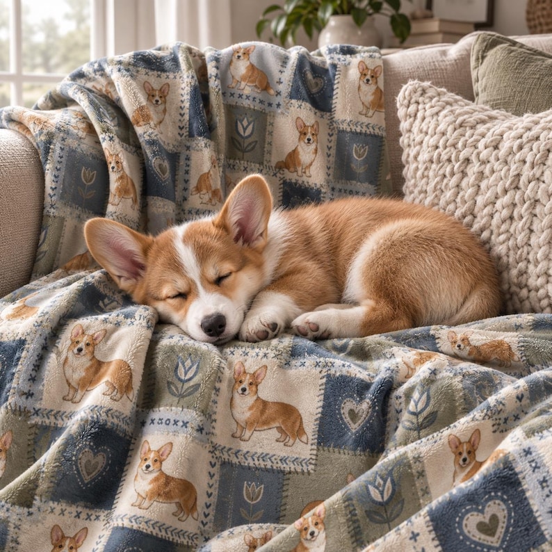 Kuschelige Decke mit Corgis-Motiv, weicher Samt, ideal als Sofadecke, Kinderzimmerdecke, Geschenk zur Babyparty, Waldtier-Herzmuster, Patchwork-Naturdesign, warm Bild 7