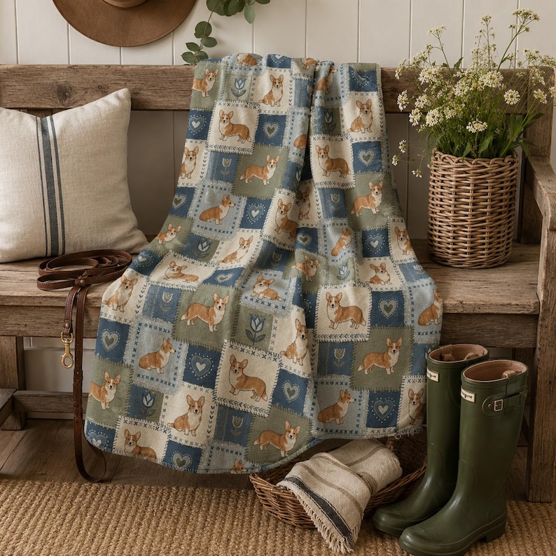 Kuschelige Decke mit Corgis-Motiv, weicher Samt, ideal als Sofadecke, Kinderzimmerdecke, Geschenk zur Babyparty, Waldtier-Herzmuster, Patchwork-Naturdesign, warm Bild 6