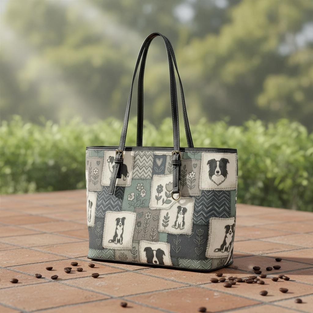 Discover Patchwork Border Collie Leather Tote Bag, Dog Pattern PU Leather Shoulder Bag