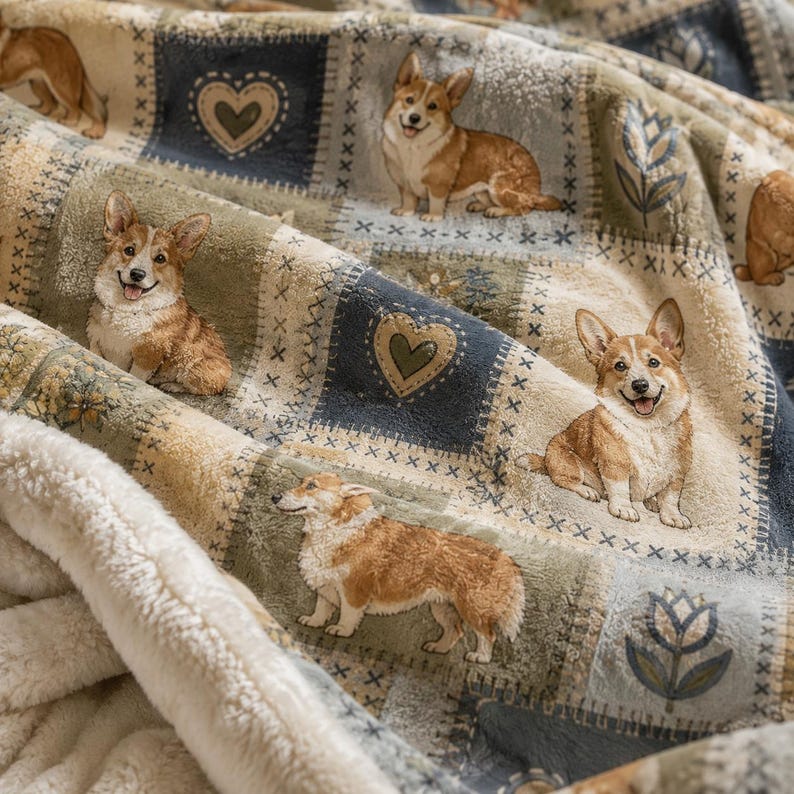 Velveteen Plush Blanket Soft Cozy Throw Corgi Patchwork Pattern Baby Nursery Bedding Gift Woodland Heart Flowers Plaid Design Warm Sofa Comfort Dog Lover Pet Themed Cuddle Blanket Medium Weight Fabric Home Gift Nature Theme