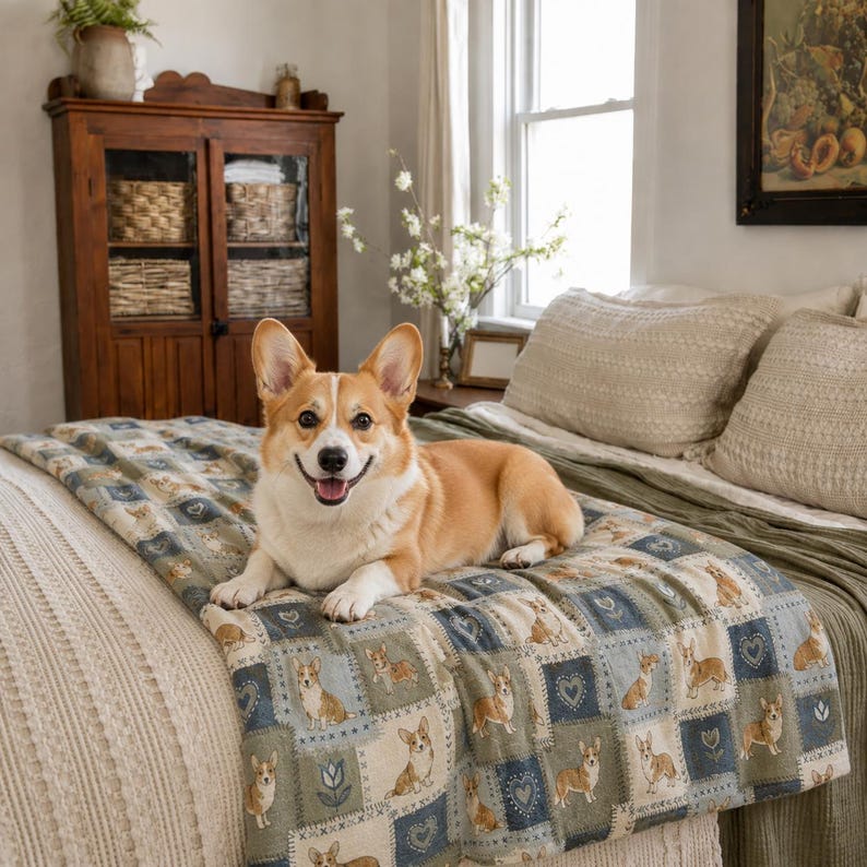 Kuschelige Decke mit Corgis-Motiv, weicher Samt, ideal als Sofadecke, Kinderzimmerdecke, Geschenk zur Babyparty, Waldtier-Herzmuster, Patchwork-Naturdesign, warm Bild 8