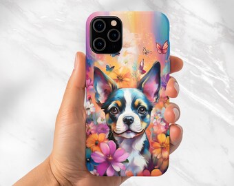 Funda para teléfono Boston Terrier: Diseño floral vibrante de cachorro, carcasa magnética resistente