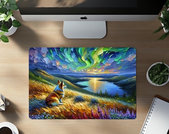 May include: A rectangular mousepad featuring a colorful landscape painting. The artwork depicts a corgi dog gazing at a lake under a vibrant aurora borealis. The mousepad is designed for use with a computer and is placed on a wooden desk.