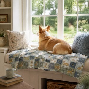 Cottagecore Plush Velveteen Throw Blanket Soft Cozy Comfort Corgi Patchwork Design Baby Nursery Bedding Shower Gift Woodland Animal Heart Flowers Plaid Pattern Warm Sofa Blanket Pet Lover Home Cuddle Throw Medium Weight Fabric Nature Theme