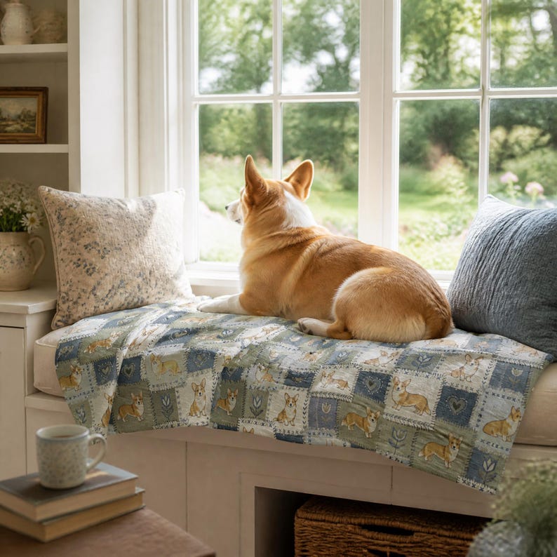 Cottagecore Plush Velveteen Throw Blanket Soft Cozy Comfort Corgi Patchwork Design Baby Nursery Bedding Shower Gift Woodland Animal Heart Flowers Plaid Pattern Warm Sofa Blanket Pet Lover Home Cuddle Throw Medium Weight Fabric Nature Theme