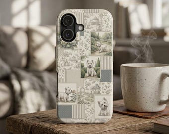 May include: A mobile phone case featuring a beige and white toile-style patchwork pattern. The design includes illustrations of West Highland White Terriers, garden scenes with gazebos, and striped sections. The case has a dual camera cutout.