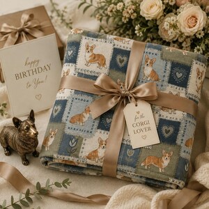 Baby Shower Cottagecore Gift Plush Velveteen Blanket Soft Corgi Patchwork Design Cozy Nursery Throw Woodland Animal Heart Flowers Plaid Pattern Warm Comfort Sofa Cuddle Blanket Dog Lover Pet Themed Home Medium Weight Fabric Nature Design