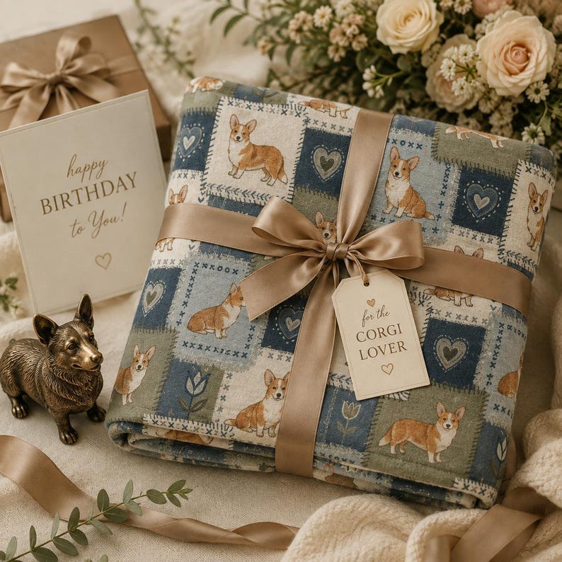 Baby Shower Cottagecore Gift Plush Velveteen Blanket Soft Corgi Patchwork Design Cozy Nursery Throw Woodland Animal Heart Flowers Plaid Pattern Warm Comfort Sofa Cuddle Blanket Dog Lover Pet Themed Home Medium Weight Fabric Nature Design