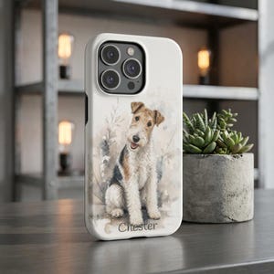 Wire Fox Terrier Phone Case Custom Portrait Personalized Dog Owner Gift Magnetic MagSafe Compatible Protection Impact Resistant Dual Layer Shell Premium Polycarbonate Construction TPU Liner Scratch Resistant Watercolor Illustration Breed