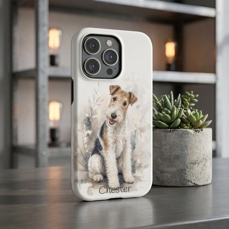 Wire Fox Terrier Phone Case Custom Portrait Personalized Dog Owner Gift Magnetic MagSafe Compatible Protection Impact Resistant Dual Layer Shell Premium Polycarbonate Construction TPU Liner Scratch Resistant Watercolor Illustration Breed