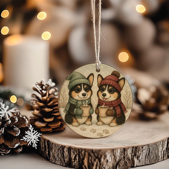 Tricolor Corgi Ceramic Ornament: Whimsical Folk Art Holiday Decor