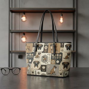 Boxer Hund Tote Axelväska Pu Läder Neutral Handväska Tryck Patchwork Plånbok Husdjur Älskare Gåva Dam Crossbody Design Quiltad Mönster Mamma