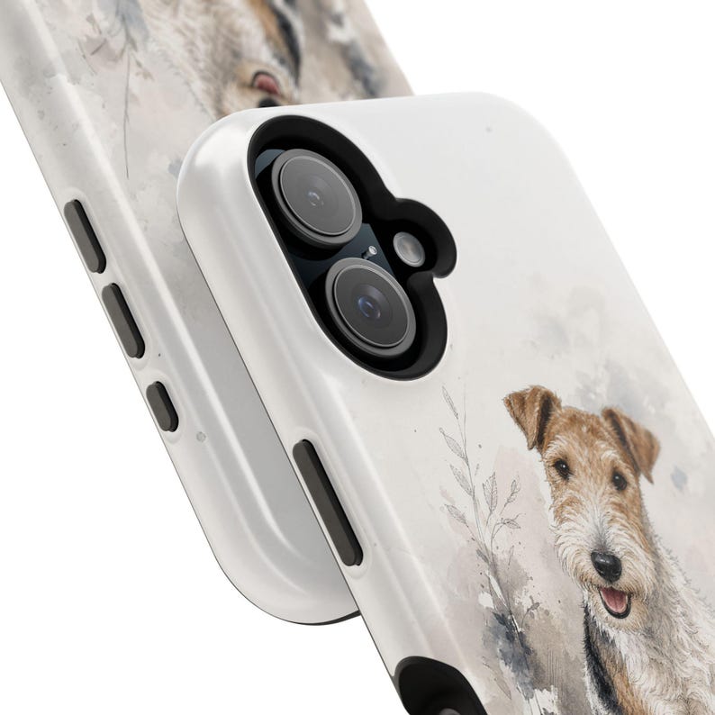 Watercolor Dog Portrait Phone Case Wire Fox Terrier Custom Illustration Magnetic MagSafe Compatible Protection Impact Resistant Dual Layer Shell Personalized Pet Owner Gift Premium Polycarbonate TPU Liner Construction Breed Enthusiast