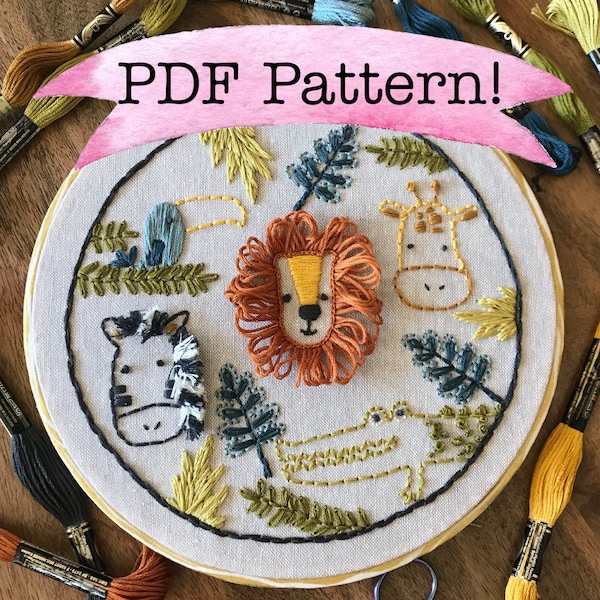 Embroidery PDF Pattern, Safari Animal, Embroidery Design, Hoop Art, Hand Embroidery, Modern Embroidery, Adult Craft Kit