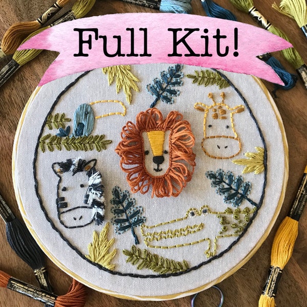 Embroidery kit, Safari, animals, Boy Embroidery,  Embroidery Design, Hoop Art, Hand Embroidery, Modern Embroidery, Adult Craft Kit
