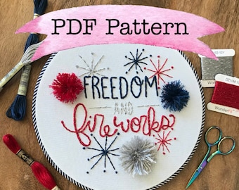 Embroidery PDF Pattern, 4th of July, Fireworks, Embroidery Design, Hoop Art, Hand Embroidery, Modern Embroidery, Adult Craft Kit