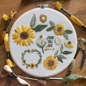 Embroidery PDF Pattern, Sunflower Sampler, Embroidery Design, Hoop Art, Hand Embroidery, Modern Embroidery, Adult Craft Kit