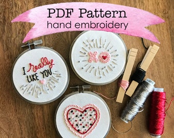 Embroidery PDF Pattern, Valentine's, Embroidery Design, Hoop Art, Hand Embroidery, Modern Embroidery, Adult Craft Kit