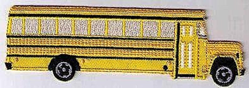 May include: A yellow school bus with black stripes and windows. The bus has a white door and a white roof. The bus is a patch with embroidered details.
