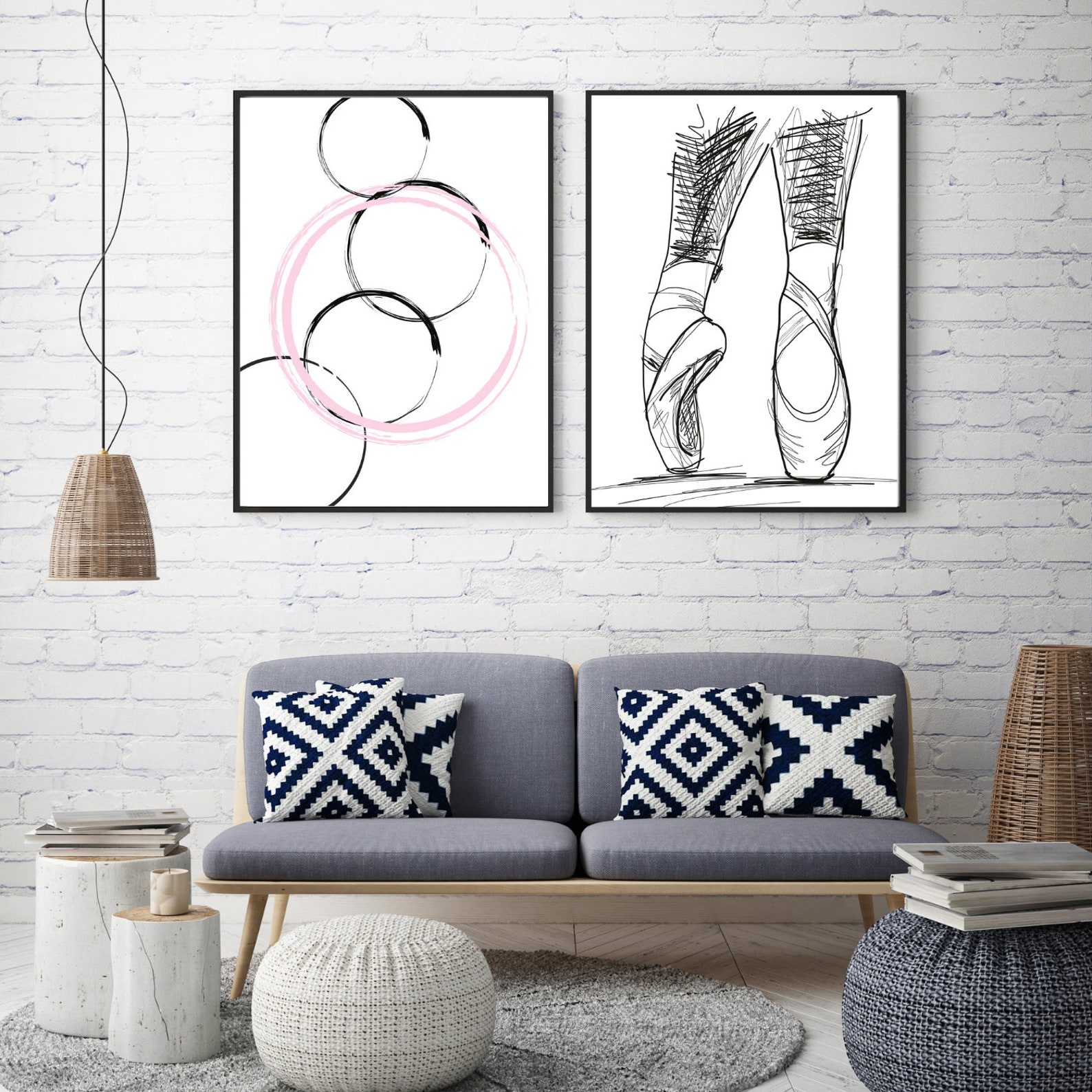 ballet shoes and abstract circles prints ~ set of 2 prints~instant download~large wall art~bed room and living room decor~ballet