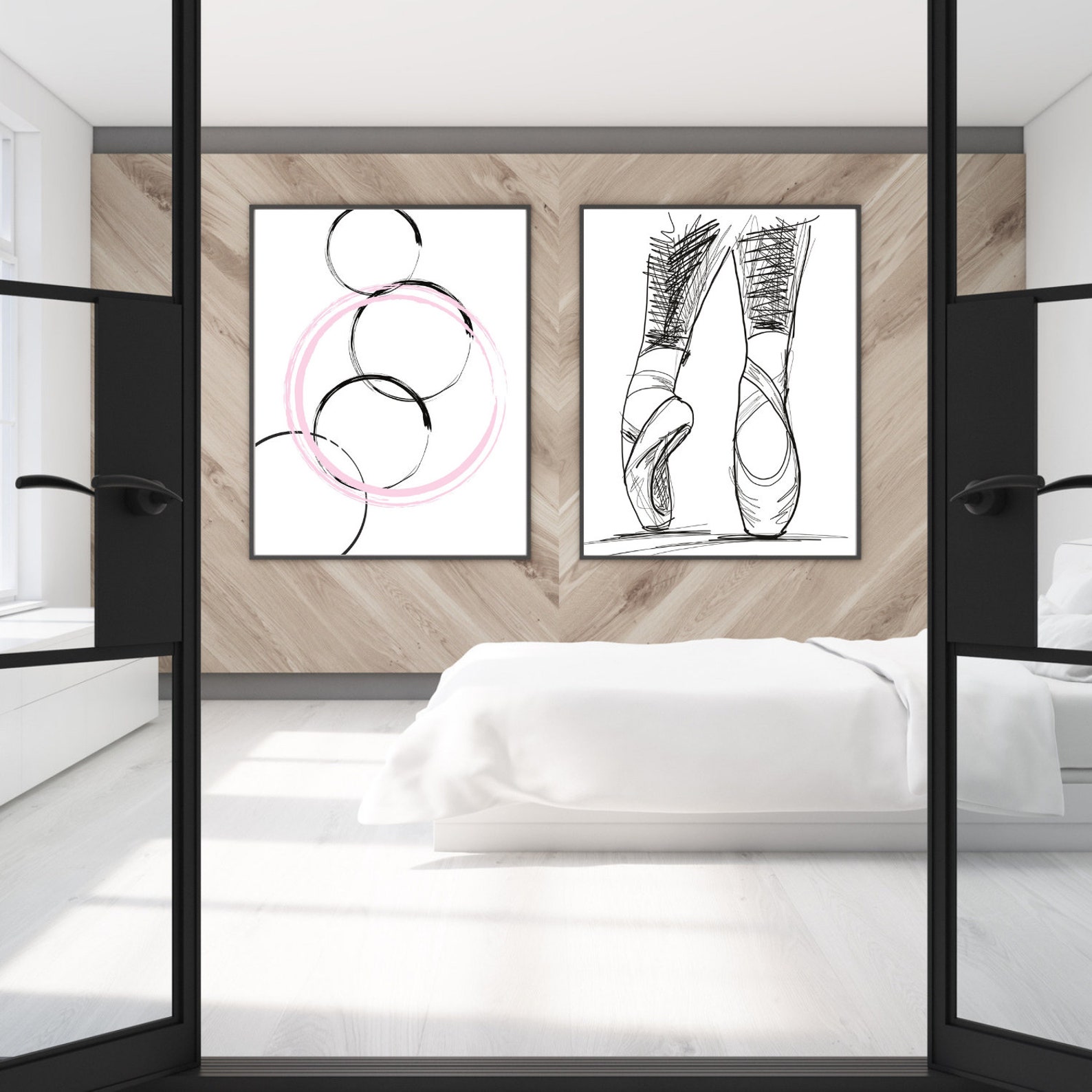 ballet shoes and abstract circles prints ~ set of 2 prints~instant download~large wall art~bed room and living room decor~ballet