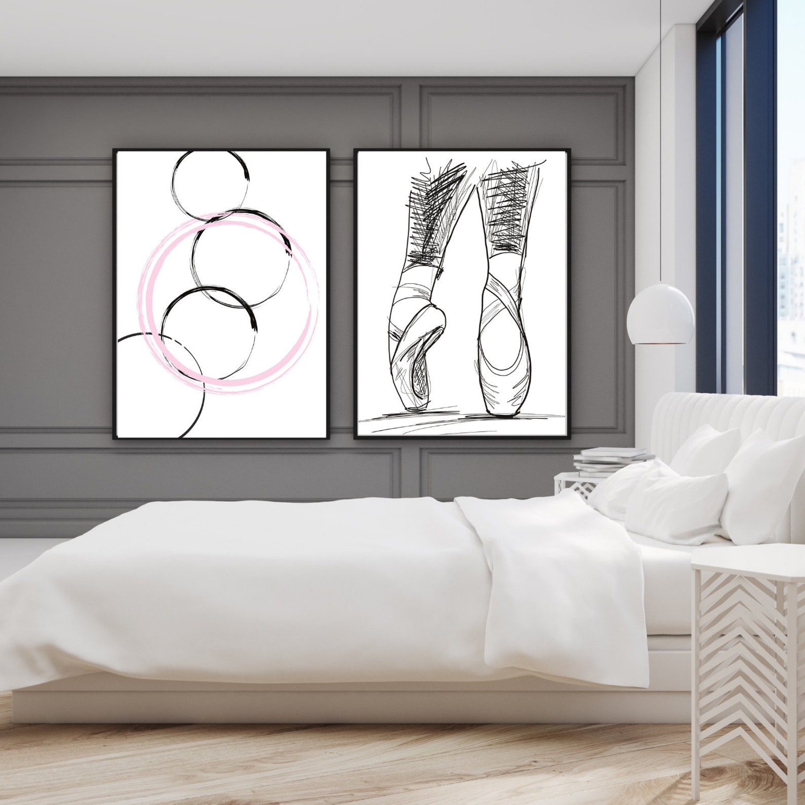 ballet shoes and abstract circles prints ~ set of 2 prints~instant download~large wall art~bed room and living room decor~ballet