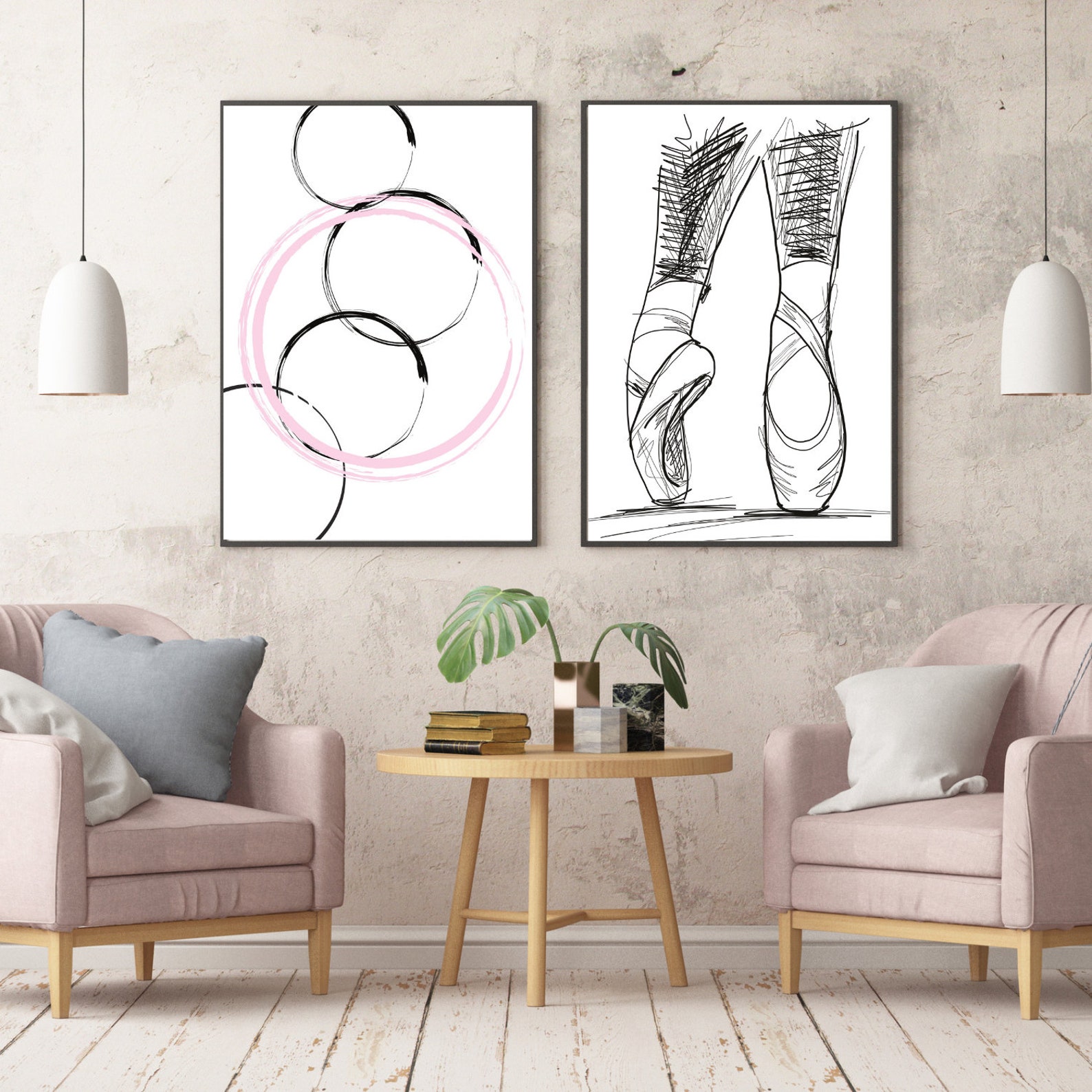 ballet shoes and abstract circles prints ~ set of 2 prints~instant download~large wall art~bed room and living room decor~ballet