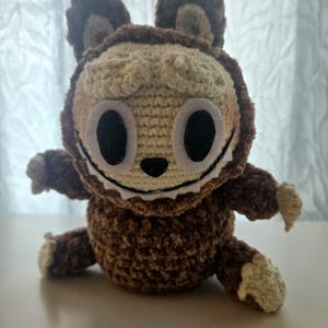 Labubu Inspired Sitting Hand Crocheted Brown Plush Amigurumi / Collectible Art Doll