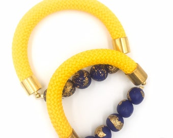 Polymer Clay Bracelet/Canary Yellow and Blue Bracelet/ Handmade Bracelet/ Blue and Gold Rope Bracelet