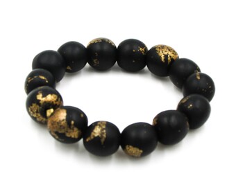 Polymer Bead Bracelet/Black, Gold Bracelet/ Black Stretch Bracelet