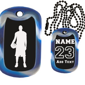 Basketball Dog Tag Necklace - Custom Engraved Dog Tag Necklace - Choose Tag Color, Silencer Color, and Add a Personal Message