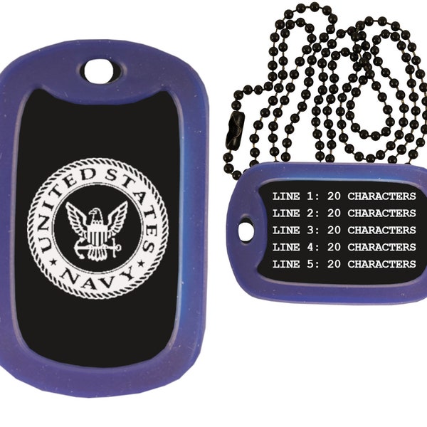 US Navy Dog Tag Necklace - Custom Engraved Military Style  Dog Tag Necklace - Choose Tag Color, Silencer Color, and Add a Personal Message