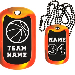 Basketball Dog Tag Necklace - Custom Engraved Dog Tag Necklace - Choose Tag Color, Silencer Color, and Add a Personal Message
