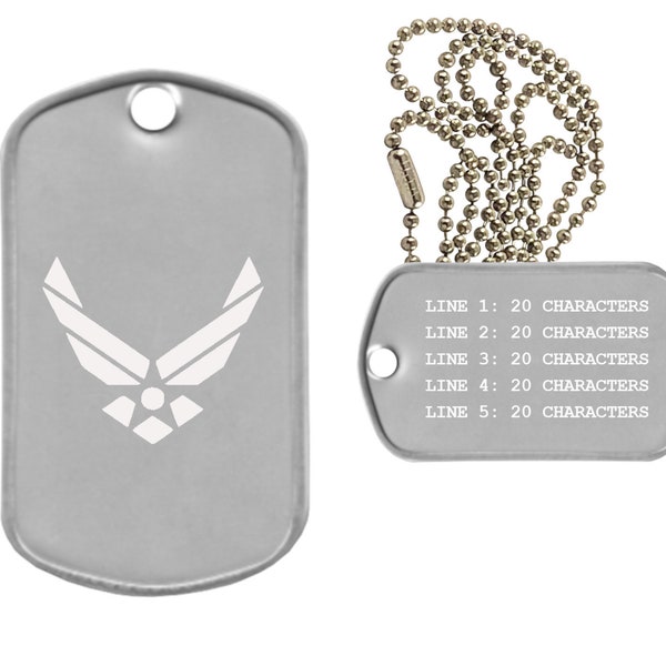 Air Force Dog Tag Necklace - Custom Engraved Military Style Dog Tag - Choose Tag Finish, Silencer Color, and Add a Personal Message
