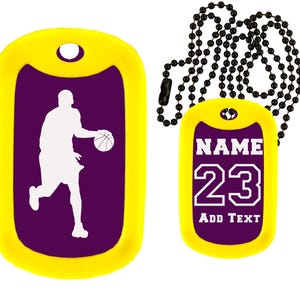 Basketball Dog Tag Necklace - Custom Engraved Dog Tag Necklace - Choose Tag Color, Silencer Color, and Add a Personal Message