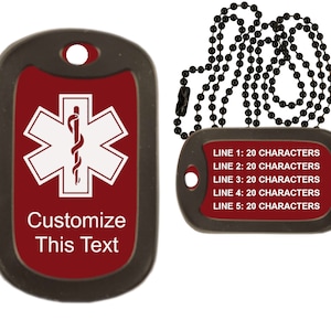 Medical Alert Identification Tag Necklace - Custom Engraved Dog Tag Necklace - Choose Tag Color, Silencer Color, and Add Personal Message