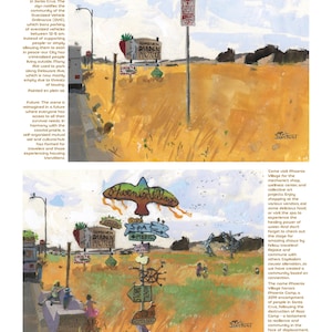May include: An artistic rendering of a sign near Delaware Ave in Santa Cruz, California, with text about parking restrictions. The image also features a sign for the "Homeless Garden Project" and other directional signs. The scene is painted in plein air.