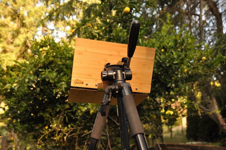 May include: A wooden easel with a black tripod stand. The easel is made of bamboo and has a metal handle. The easel is set up outdoors in front of a green tree.