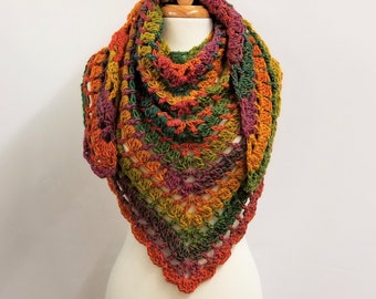 Crochet Triangle Scarf - Crochet Triangle Shawl - Women's Shawls and Wraps - Gift for Her // Hopscotch Triangle Scarf - Orange Green Blue