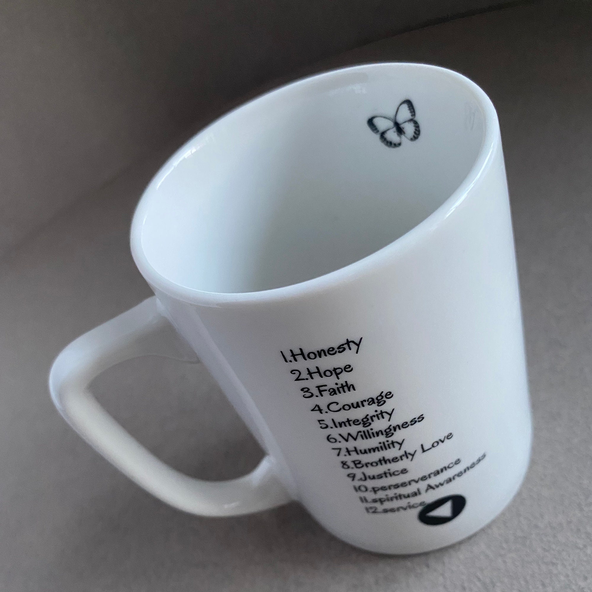 White coffee cup with AA principles to live by sponsor Etsy