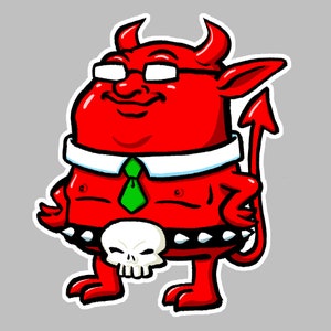 May include: A red cartoon devil with horns and a tail, wearing glasses, a white collar, a green tie, and a studded belt with a skull buckle.