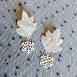 POLYMER CLAY EARRINGS | White Leaf Shape Dangle Earrings with snowflake charm | Unique Jewelry Gift for her, him, them | Winter theme