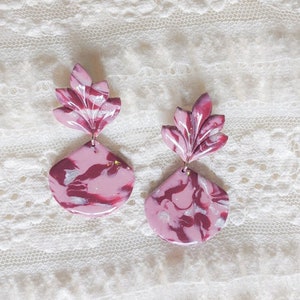 POLYMER CLAY EARRINGS | Valentine&#39;s Earrings | Pink Leaf Shape Dangle Earrings with fan charm | Unique Jewelry Gift for her, him, them