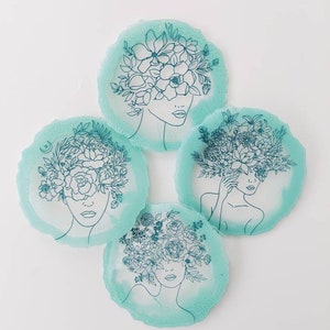 Resin Flower Lady Coaster Set of 4 | Teal and Clear | Geode Shape