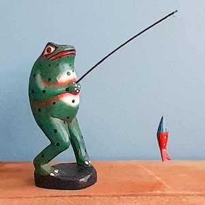Carved Wood Frog, Fishing, Made in Indonesia | Indonesian, Wooden, Hand  Painted, Fish, Figurine, Statue