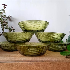 Ensemble de (6) bols Anchor Hocking Soreno en verre texturé vert avocat 15 cm / 15 cm, vintage MCM Mid-Century, verrerie rétro années 1960 1970