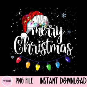 May include: A digital illustration of a Santa hat with a string of colorful lights, the text "Merry Christmas" and a string of rainbow colored lights hanging below.
